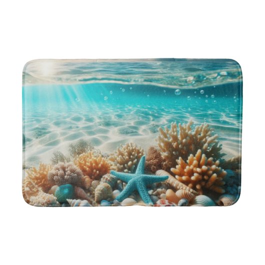 Tropical Beach Starfish Seashells Ozean Szene Badematte (Vorderseite)