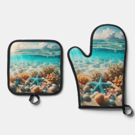 Tropical Beach Starfish Seashells Ozean Szene Ofenhandschuh & Topflappen-Set