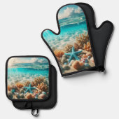 Tropical Beach Starfish Seashells Ozean Szene Ofenhandschuh & Topflappen-Set (Vorderseite/Rückseite)