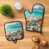 Tropical Beach Starfish Seashells Ozean Szene Ofenhandschuh & Topflappen-Set (Oben Unten)
