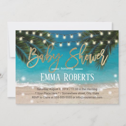 Tropical Beach String Lights Babydusche Einladung (Vorderseite)
