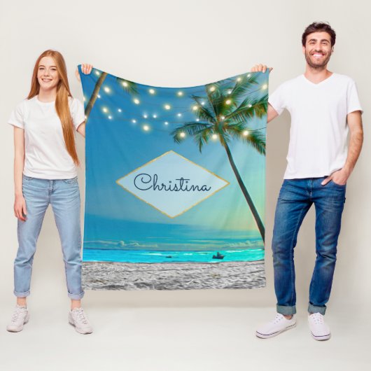 Tropical Beach String Lights Palm Tree Eigenname Fleecedecke (Beispiel)