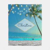 Tropical Beach String Lights Palm Tree Eigenname Fleecedecke (Vorderseite)