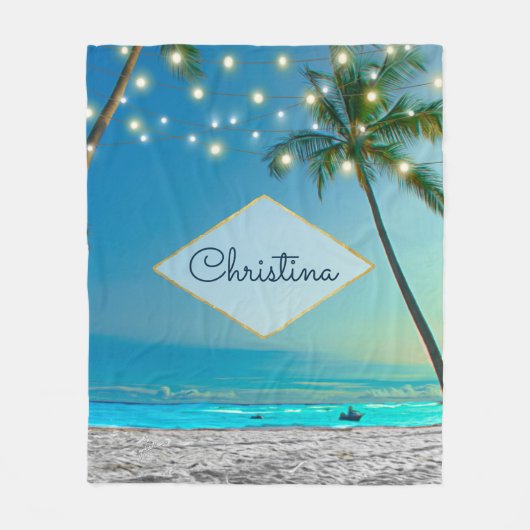 Tropical Beach String Lights Palm Tree Eigenname Fleecedecke (Vorderseite)