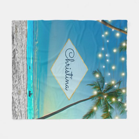Tropical Beach String Lights Palm Tree Eigenname Fleecedecke (Vorderseite (Horizontal))