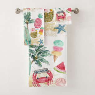 Tropical Beach Summer Surf Seashells Palmen Trees Badhandtuch Set