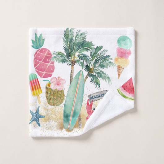Tropical Beach Summer Surf Seashells Palmen Trees Badhandtuch Set (Waschlappen)