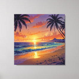 Tropical Beach Sunset - Illustration Style Art Leinwanddruck