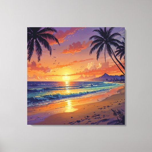 Tropical Beach Sunset - Illustration Style Art Leinwanddruck (Vorderseite)