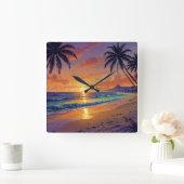 Tropical Beach Sunset - Illustration Style Art Quadratische Wanduhr (Zuhause)