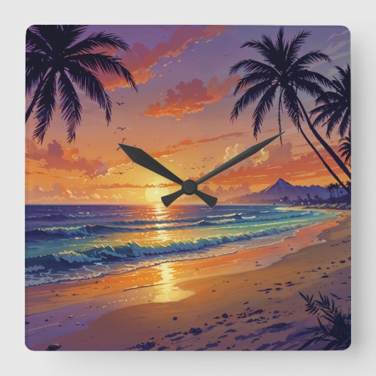 Tropical Beach Sunset - Illustration Style Art Quadratische Wanduhr (Vorderseite)