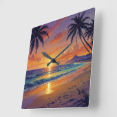 Tropical Beach Sunset - Illustration Style Art Quadratische Wanduhr (Winkel)