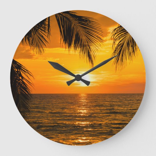 Tropical Beach Sunset Palm Illustration Große Wanduhr (Vorderseite)
