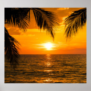 Tropical Beach Sunset Palm Illustration Poster