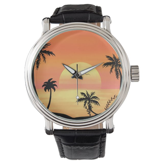 Tropical Beach Sunset Palm Tree Silhouette Art Armbanduhr (Vorderseite)