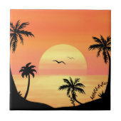 Tropical Beach Sunset Palm Tree Silhouette Art Fliese (Vorderseite)