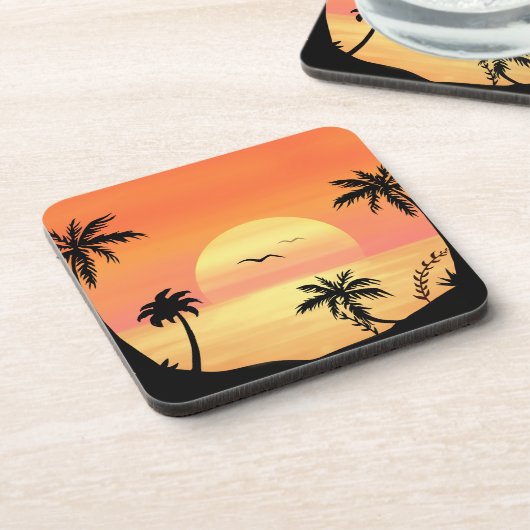 Tropical Beach Sunset Palm Tree Silhouette Art Getränkeuntersetzer (Linke Seite)