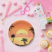 Tropical Beach Sunset Palm Tree Silhouette Art Pappteller (Party)