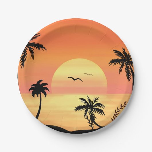 Tropical Beach Sunset Palm Tree Silhouette Art Pappteller (Vorderseite)