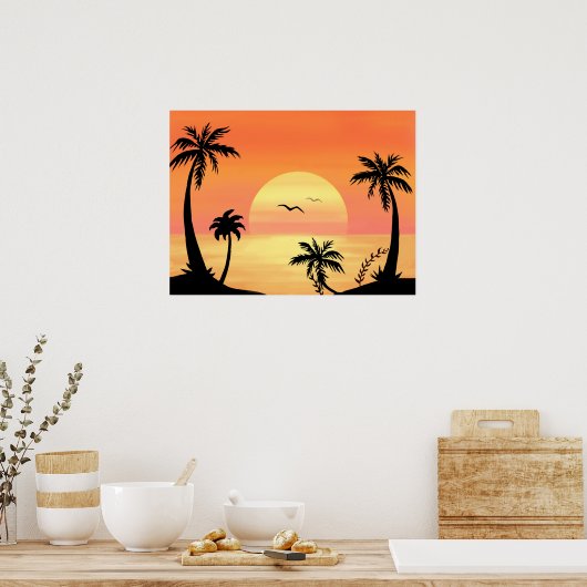 Tropical Beach Sunset Palm Tree Silhouette Art Poster (Küche)