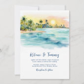 Tropical Beach Sunset & Palm Tree Wedding Einladung (Vorderseite)