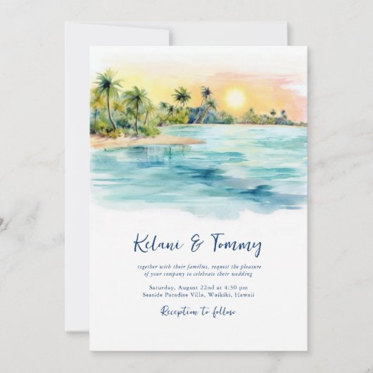 Tropical Beach Sunset & Palm Tree Wedding Einladung (Vorderseite)