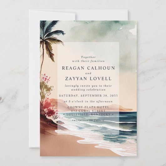 Tropical Beach Sunset Palm Tree Wedding Einladung (Vorderseite)
