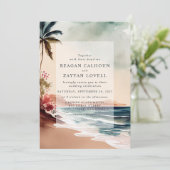 Tropical Beach Sunset Palm Tree Wedding Einladung (Stehend Vorderseite)