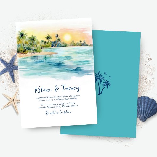 Tropical Beach Sunset & Palm Tree Wedding Einladung