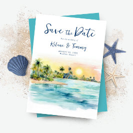 Tropical Beach Sunset & Palm Tree Wedding Save The Date