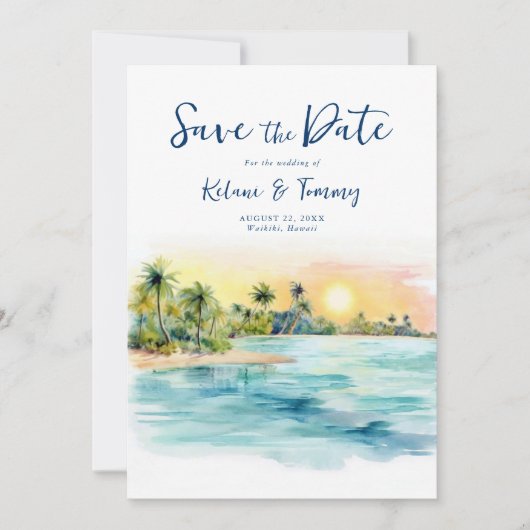 Tropical Beach Sunset & Palm Tree Wedding Save The Date (Vorderseite)