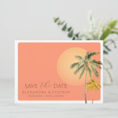 Tropical Beach Sunset & Palmen Minimale Hochzeit Save The Date (Stehend Vorderseite)
