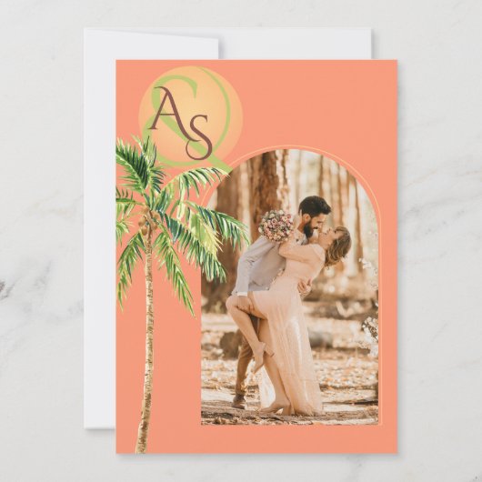 Tropical Beach Sunset & Palmen Minimale Hochzeit Save The Date (Rückseite)