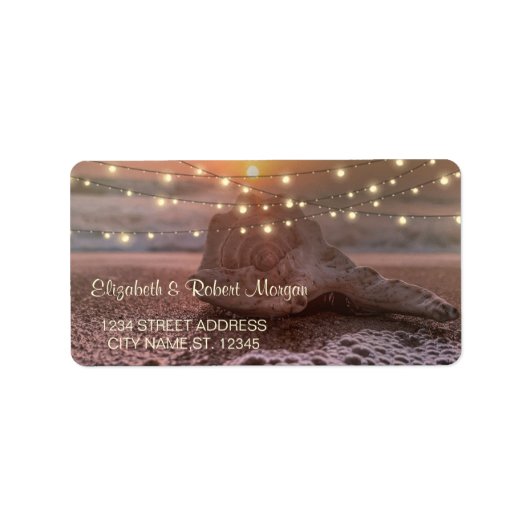 Tropical Beach Sunset Seashell String Lights Adressaufkleber (Vorne)
