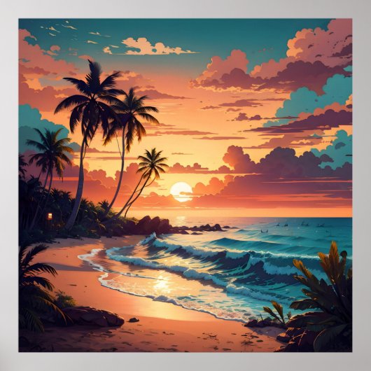 Tropical Beach Sunset Square Poster (Vorne)