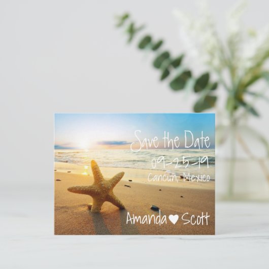 Tropical Beach Sunset Starfish Save the Date Ankündigungspostkarte (Stehend Vorderseite)