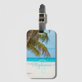 Tropical Beach Turquoise Monogram Palm Tree Gepäckanhänger