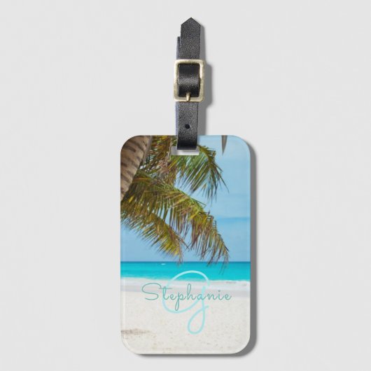 Tropical Beach Turquoise Monogram Palm Tree Gepäckanhänger (Vorderseite Vertikal)