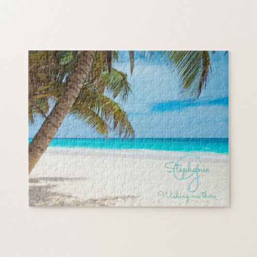 Tropical Beach Turquoise Monogram Palm Tree Puzzle (Horizontal)