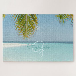 Tropical Beach Turquoise Monogram Palm Tree Puzzle
