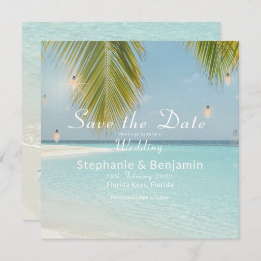 Tropical Beach Turquoise Palm Tree Square Wohnung Save The Date (Vorne/Hinten)