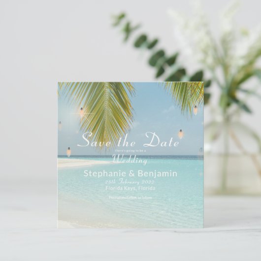 Tropical Beach Turquoise Palm Tree Square Wohnung Save The Date (Stehend Vorderseite)