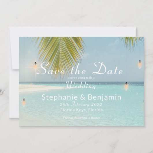 Tropical Beach Turquoise Palm Tree Wedding Save The Date (Vorderseite)