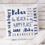 Tropical Beach Typografy Coastal Kissen<br><div class="desc">Mit diesem großen Baumwollkissen,  das Strandthematik in nautisch-marineblau zeigt,  fügt man etwas Küstenstil hinzu. Zu den Auftritten zählen "Der Strand ist mein glücklicher Ort",  "Palmen salzige Brise",  "Sandzehen",  "Sonne,  Meer,  glücklich",  "surfen",  "aloha",  "entspannen" und "aloha".</div>