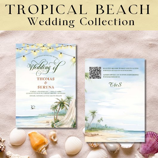Tropical Beach Typografy Hochzeit in Urlaubsort Einladung