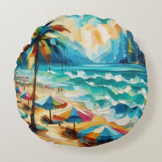 Tropical Beach Umbrellas Malerei Rundes Kissen (Vorderseite)