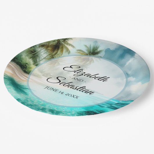 Tropical Beach Watercolor Elegant Wedding Pappteller (Schrägansicht)