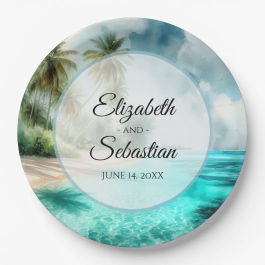 Tropical Beach Watercolor Elegant Wedding Pappteller (Vorderseite)
