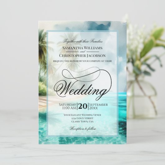 Tropical Beach Watercolor Fancy Script Wedding Einladung (Stehend Vorderseite)