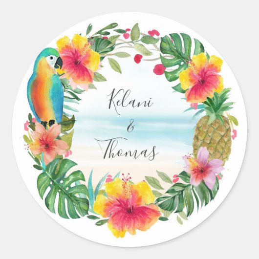 Tropical Beach Watercolor Floral Wreath Runder Aufkleber (Vorderseite)